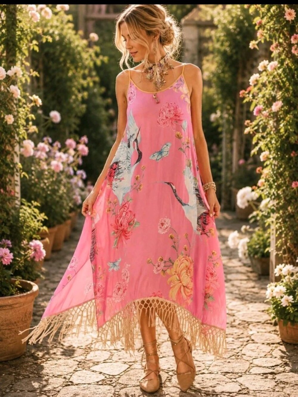 Aratta LEGEND OF THE CRANE Floral Dress Pink Sz Large